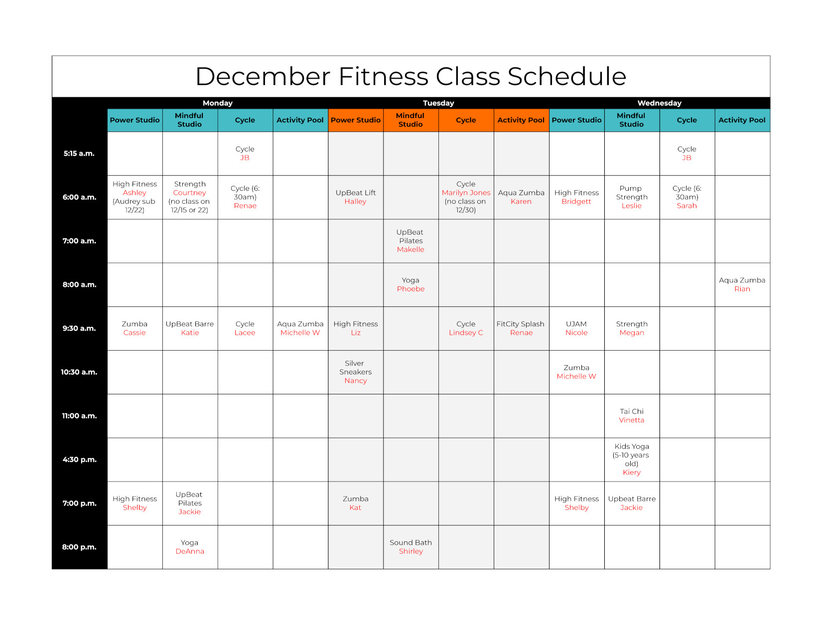 December Fitness Class Schedule (Monday - Wednesday