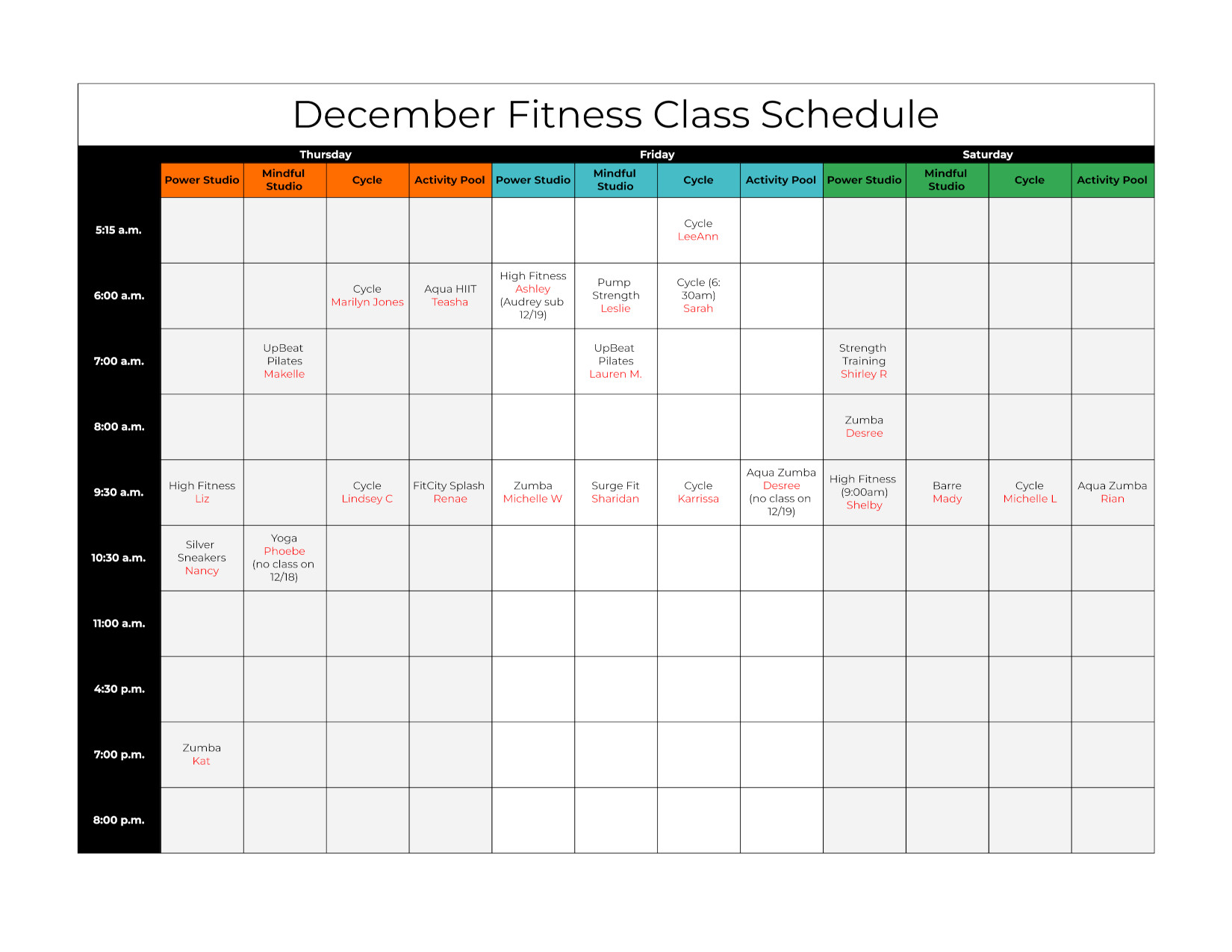 December Fitness Class Schedule (Thursday - Saturday