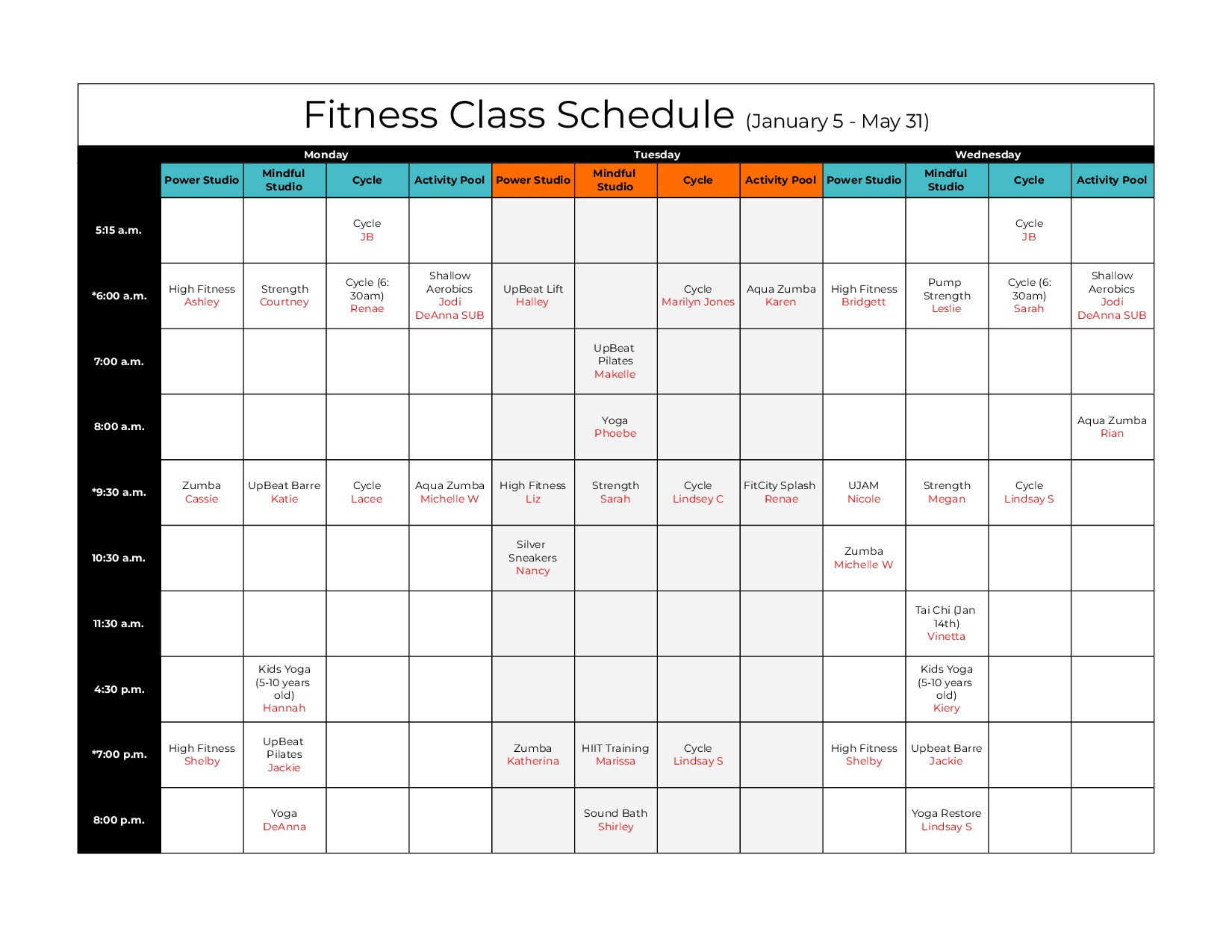Fitness Class Schedule (Monday - Wednesday