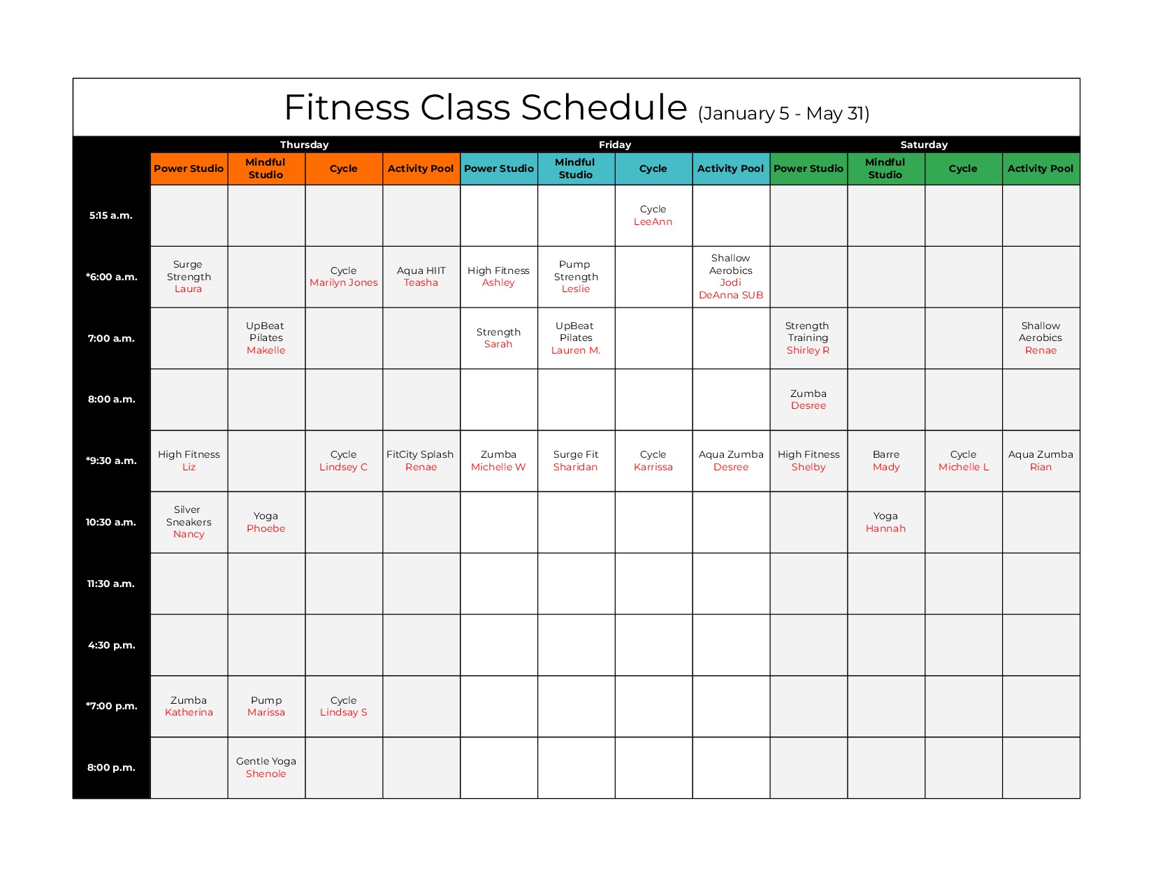 Fitness Class Schedule (Thursday - Saturday