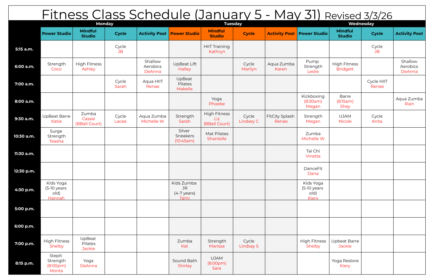 Fitness Class Schedule (Monday - Wednesday